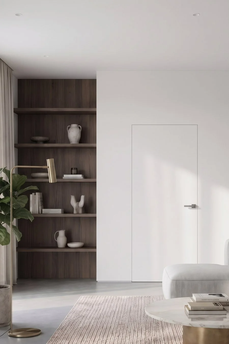 A concealed-frame door — a white leaf flush with the living-room wall
