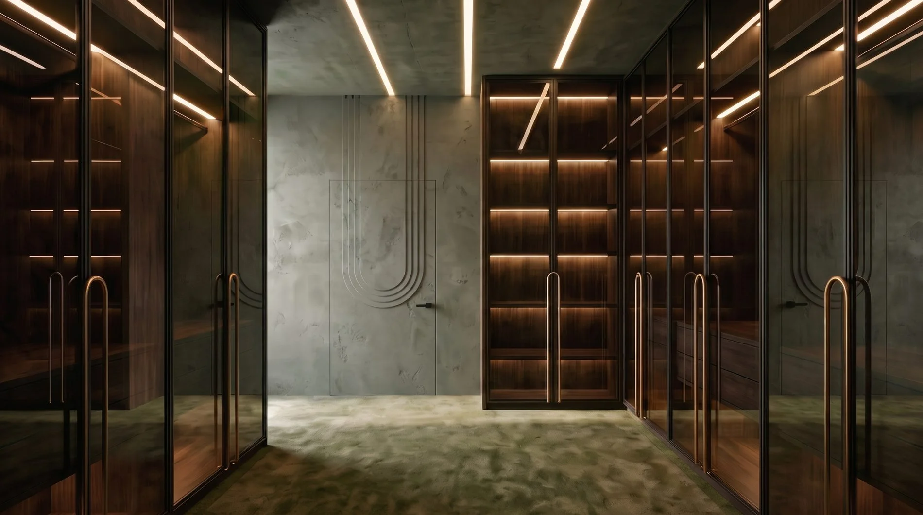 The Element collection — a project in walnut, concealed door with a raised “U” motif, olive rug, brass detail