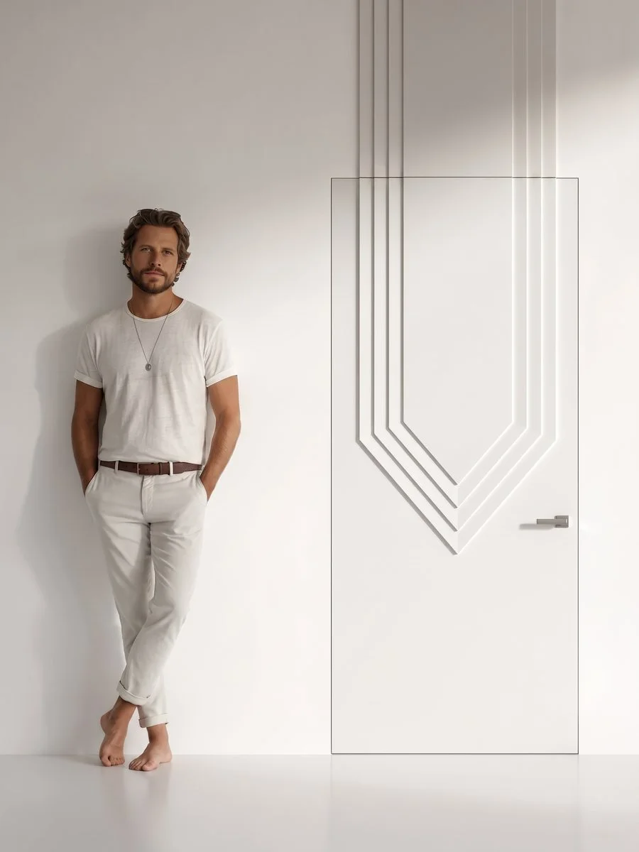 The Element collection — a light interior, concealed door with the “U” motif in relief and a figure