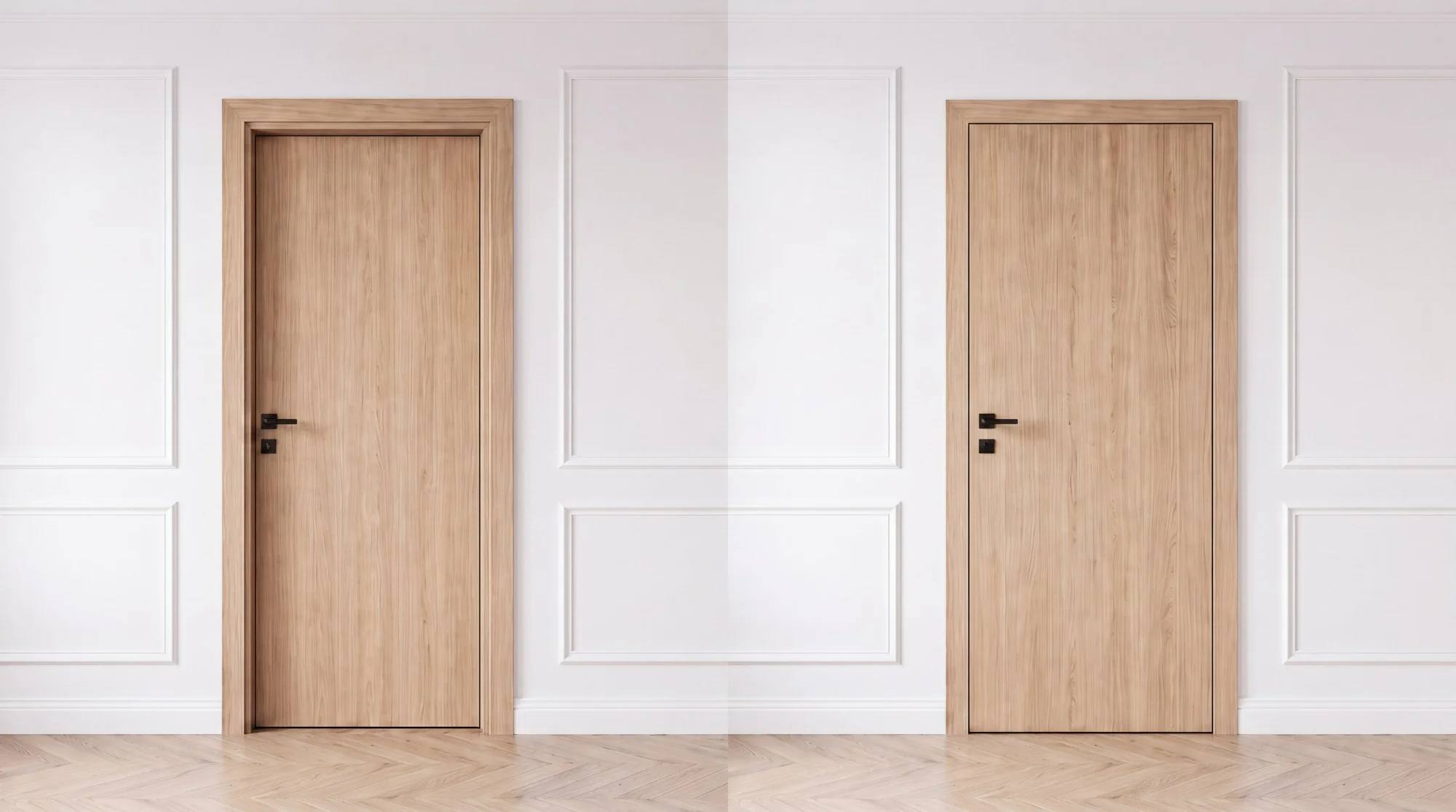 A conventionally opening door and a reversible door compared — the leaves seen from the outer side