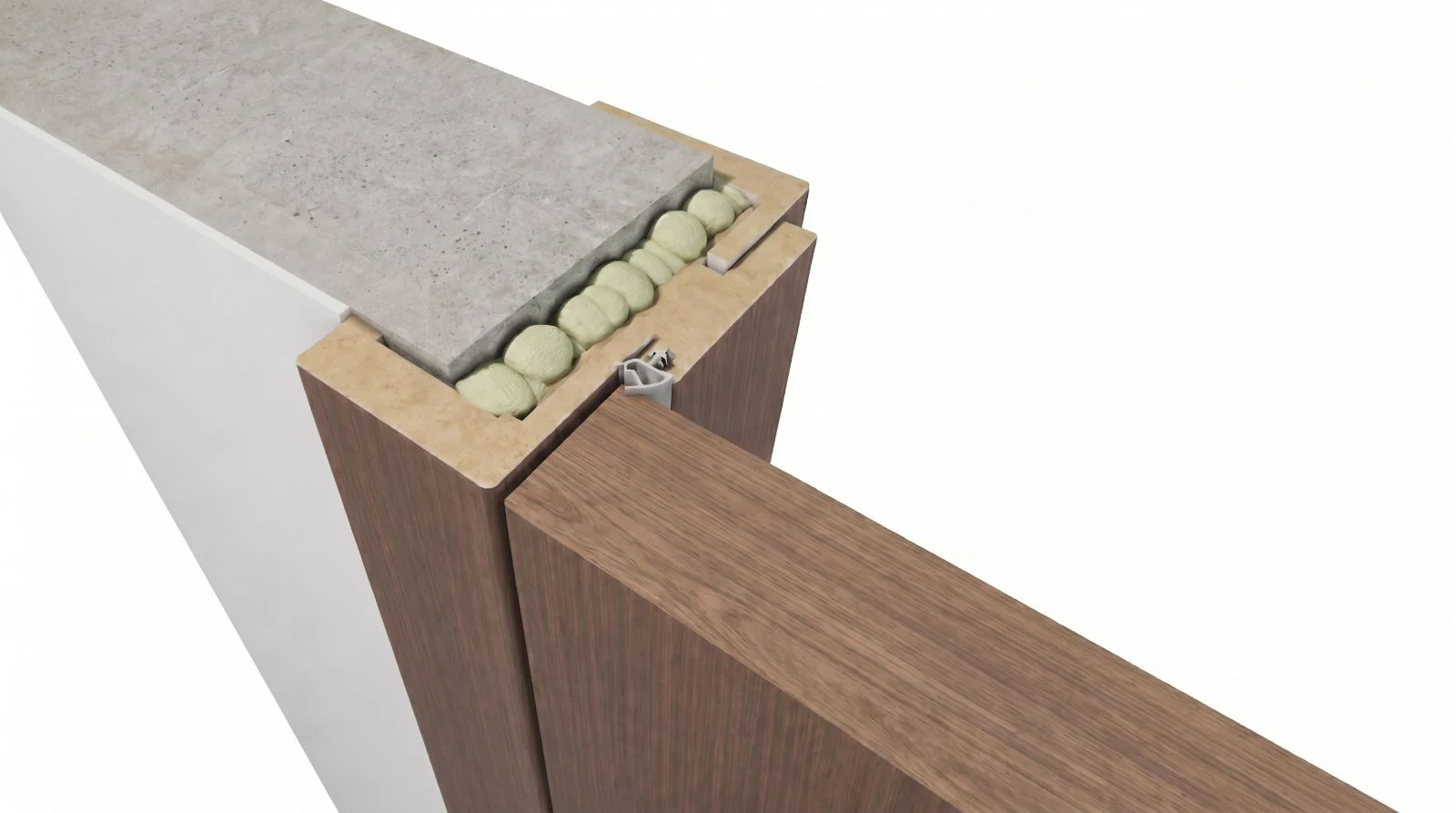 3D model of a timber rebateless frame in masonry — an outward-opening leaf flush with the architraves