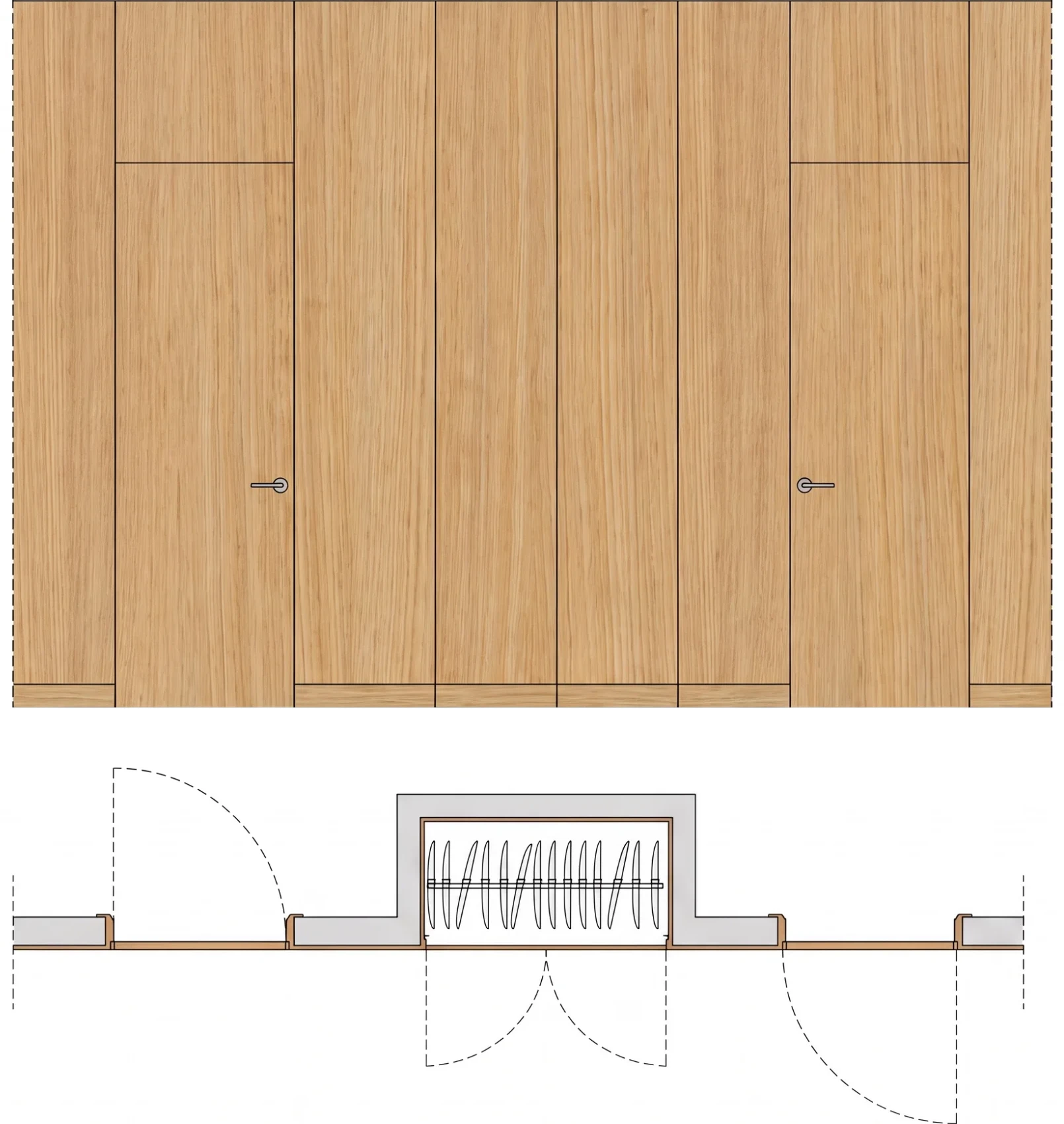 Diagram of an integrated wall system in oak — elevation with doors set into the panelling, and a section showing the opening directions