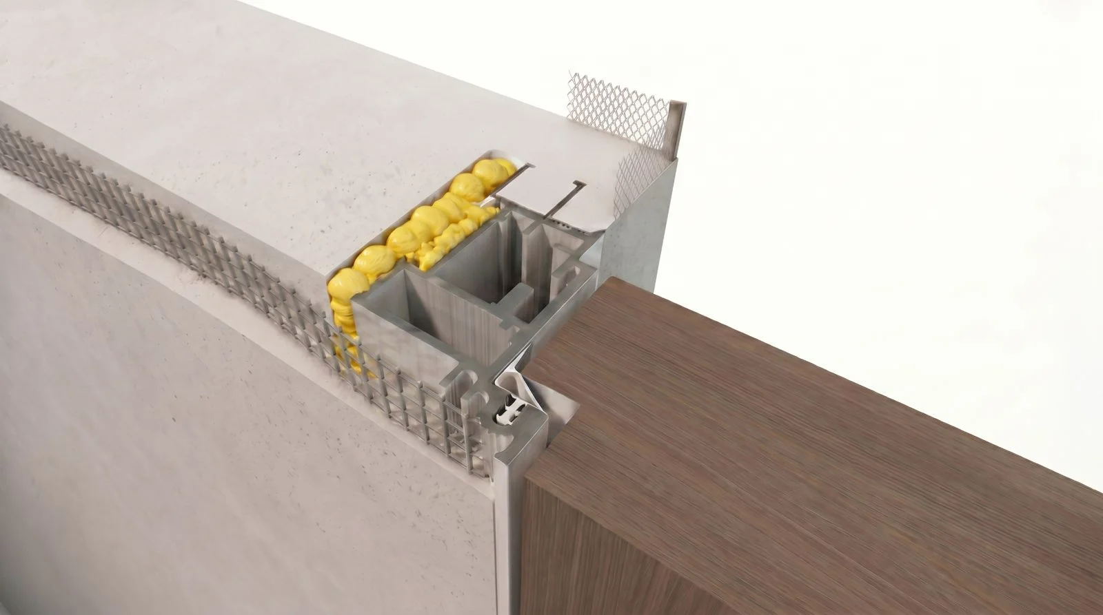 3D model of a concealed aluminium frame in the reversible version — a leaf opening into the room