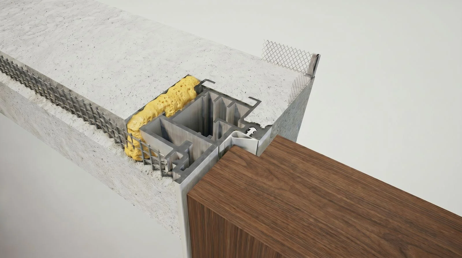 3D model of a concealed aluminium frame built into masonry — an outward-opening leaf flush with the plaster