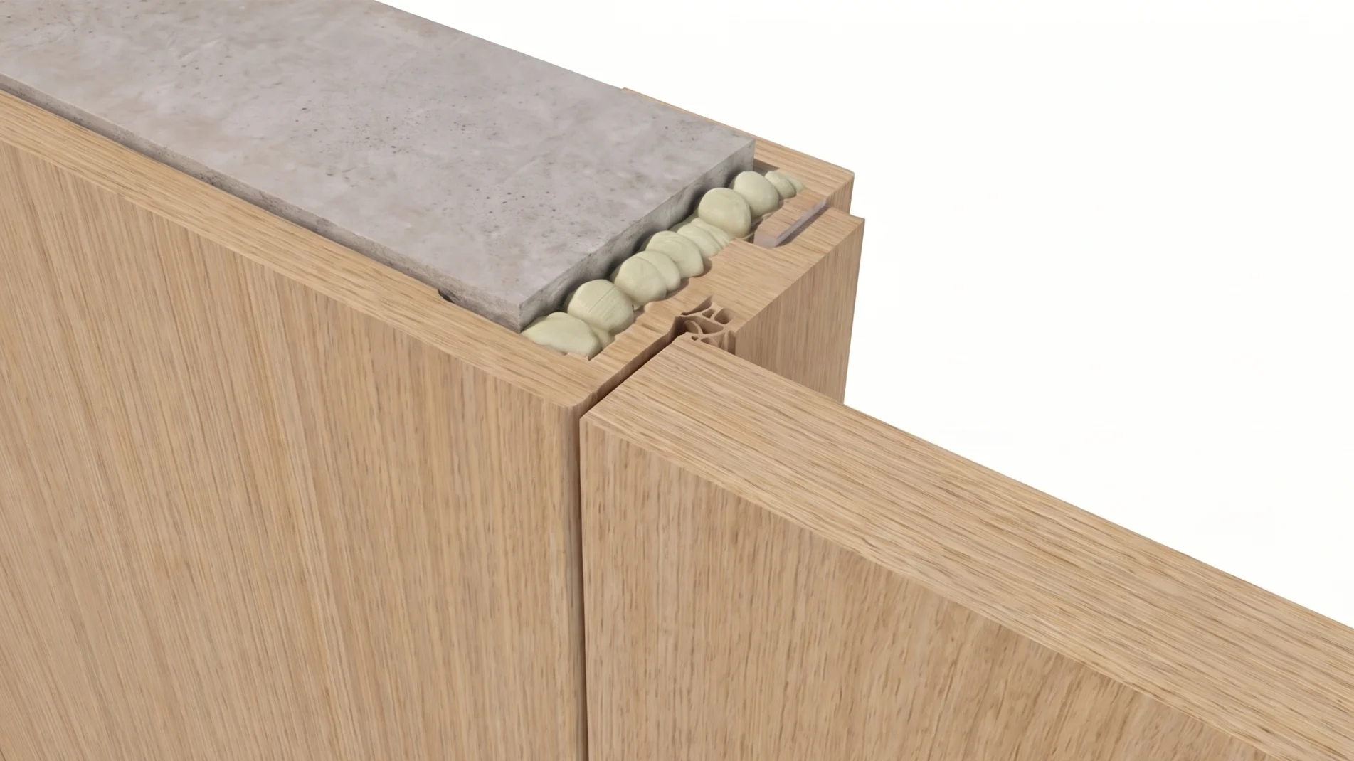 3D model of a wall system on a timber rebateless frame — veneered panelling meeting the architrave
