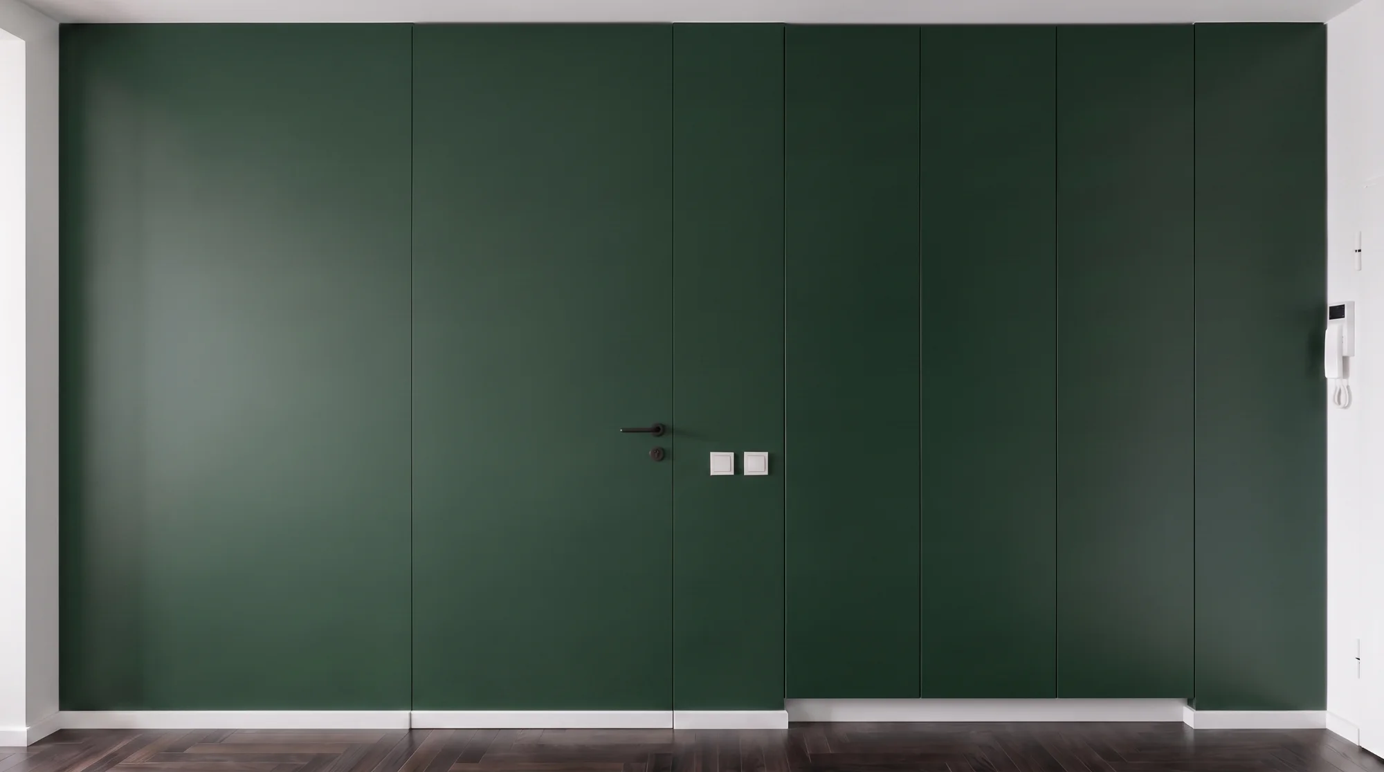 Integrated wall system in green — doors set into the plane of the wall, uniform lacquered panelling — Creadoor