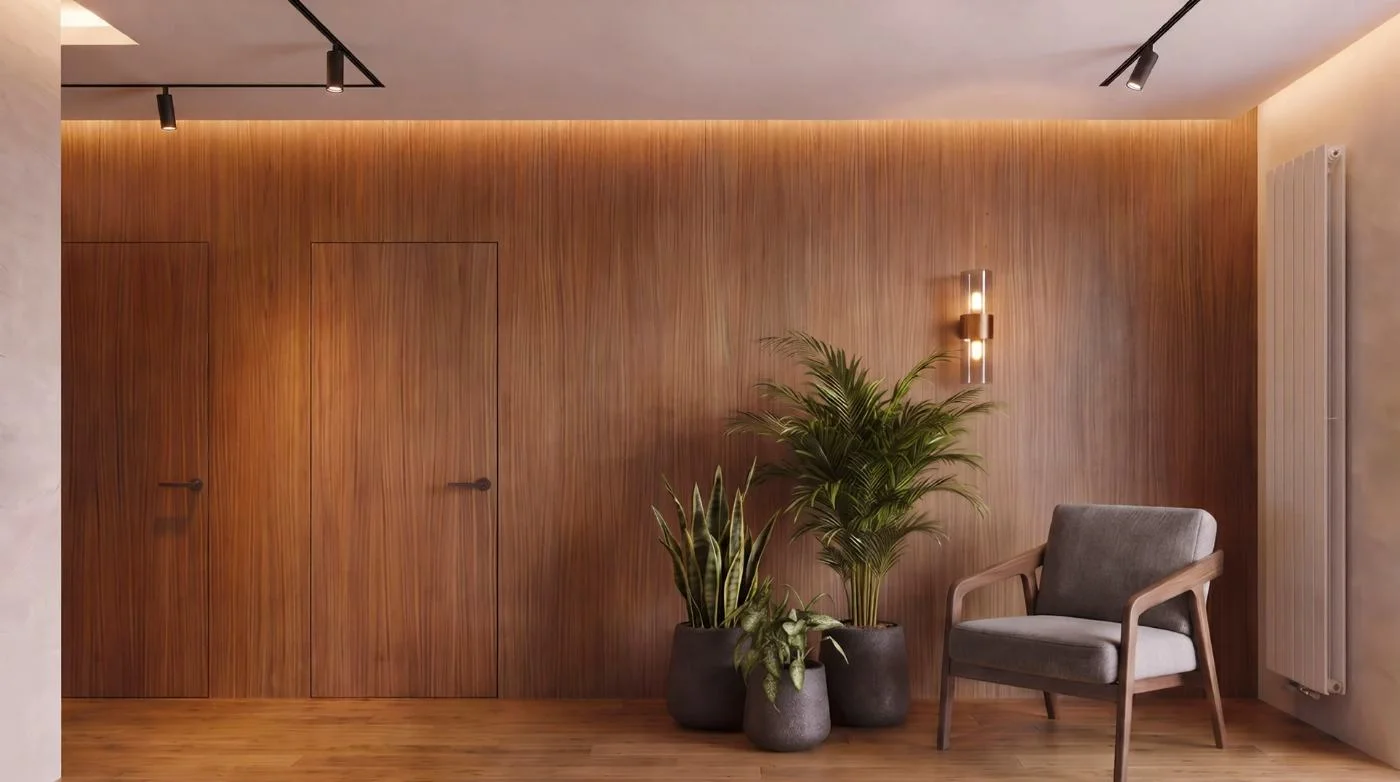 Integrated wall system — doors, wardrobe fronts and panelling on one plane with the wall