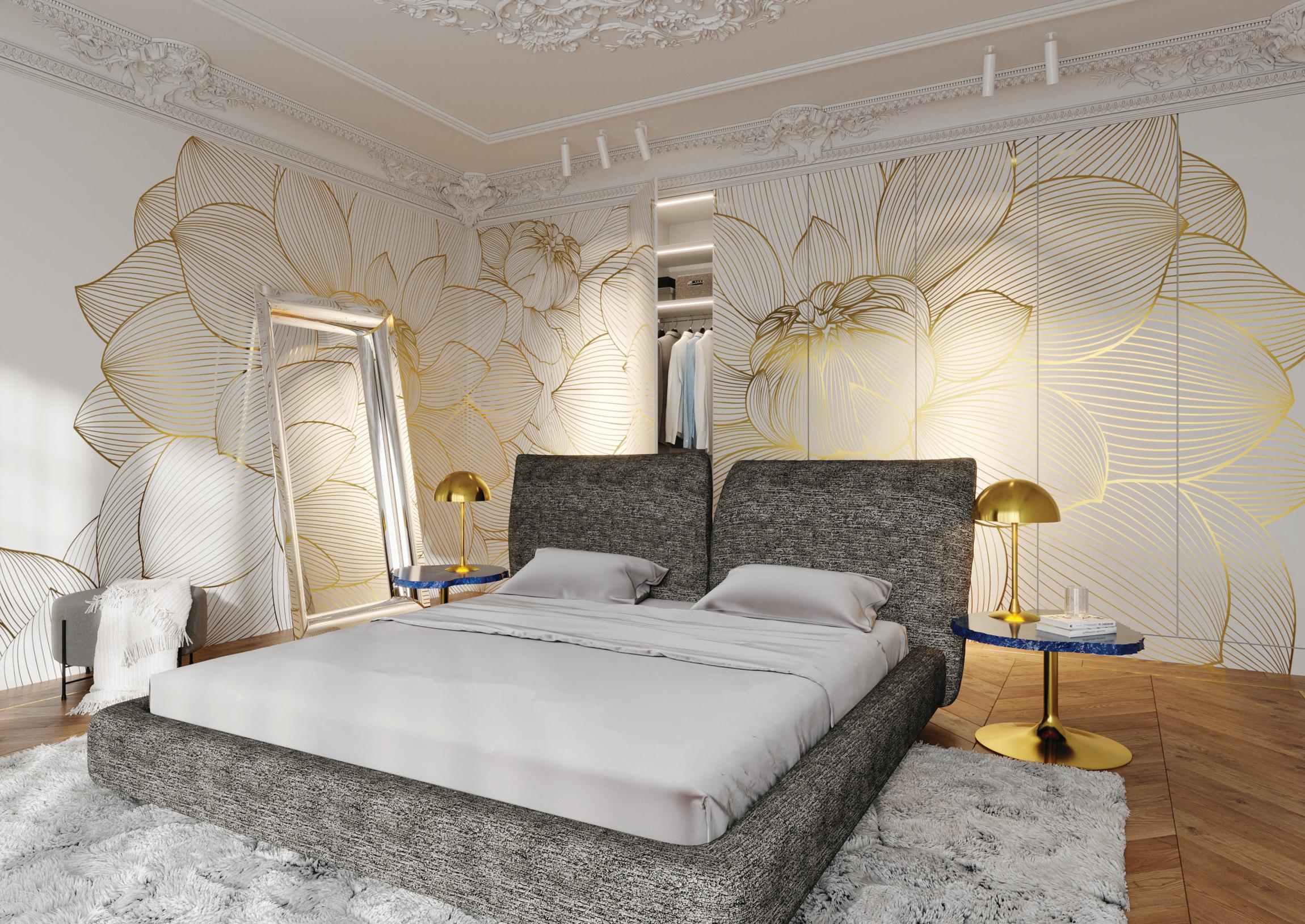 Sypialnia z dużą zabudową ścienną w kolorze białym, ozdobiona złotymi elementami