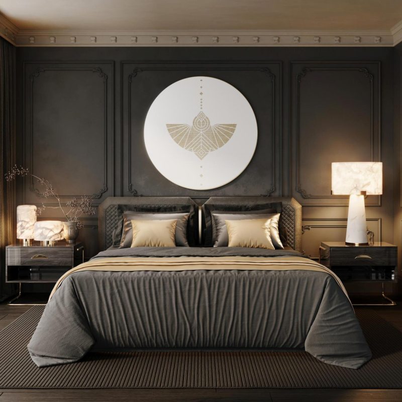 Kontrastowy, dekoracyjny panel naścienny w sypialni